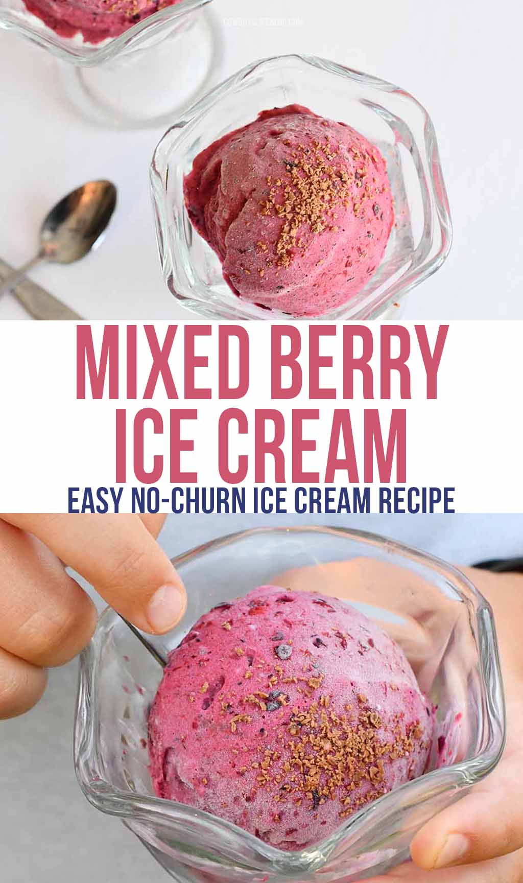 Mixed berry ice cream topping with chocolate shavings in a glass bowl