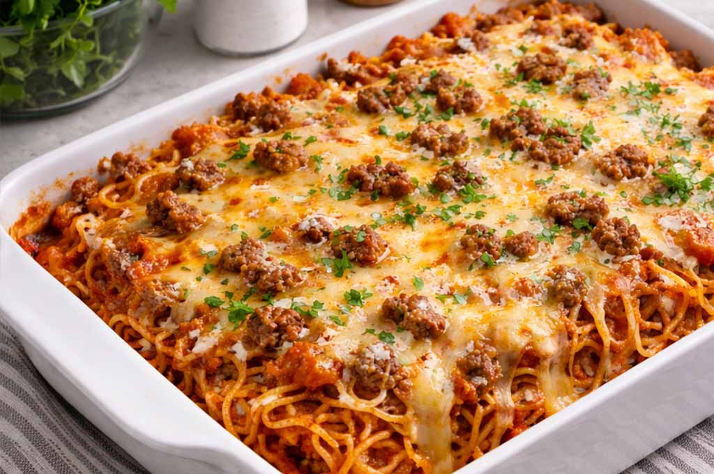 spaghetti in casserole dish